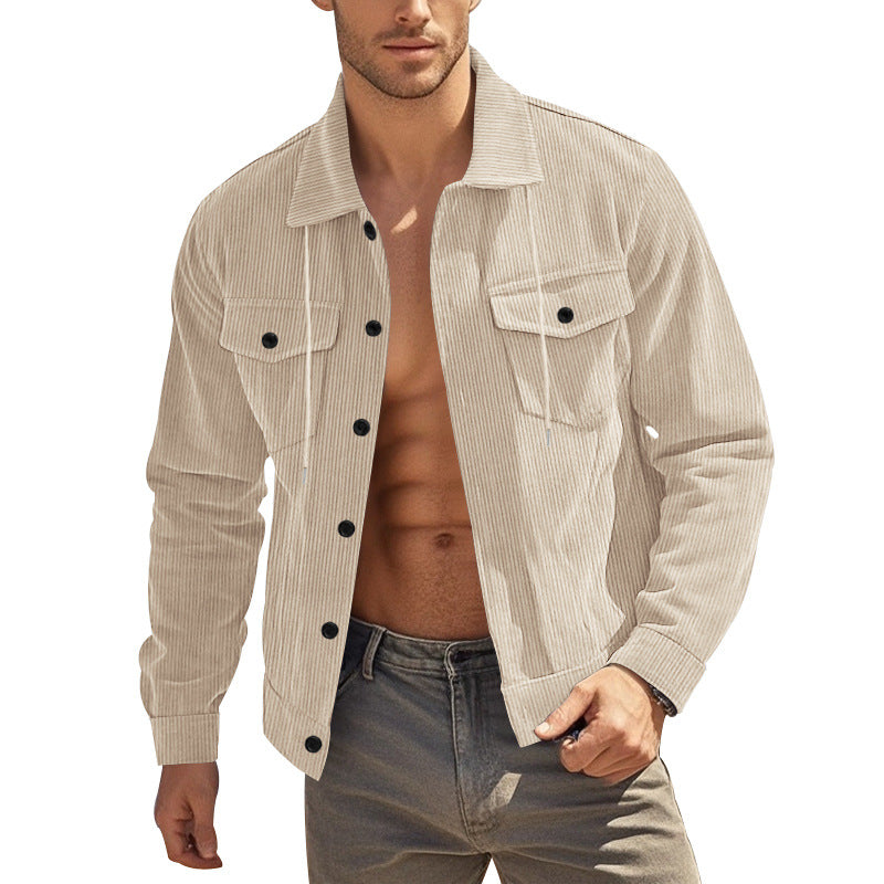 Men's casual fine ribbed cord jacket with stand-up collar, chest pockets and elastic hem Mune Fashion