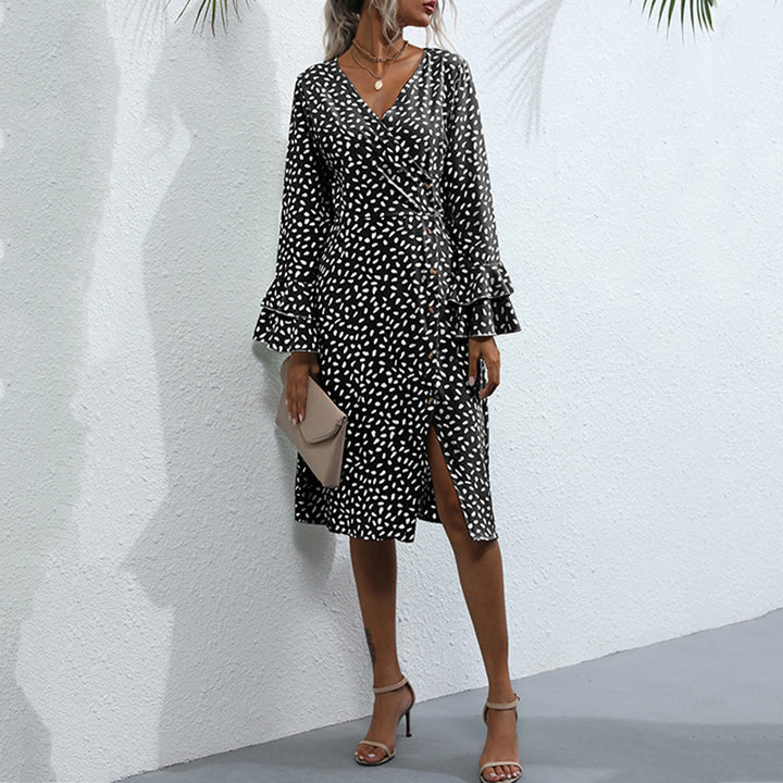 Ladies Midi Wrap Dress in Polka Dot Pattern with Ruffle Cuffs & Waist Cord Mune Fashion