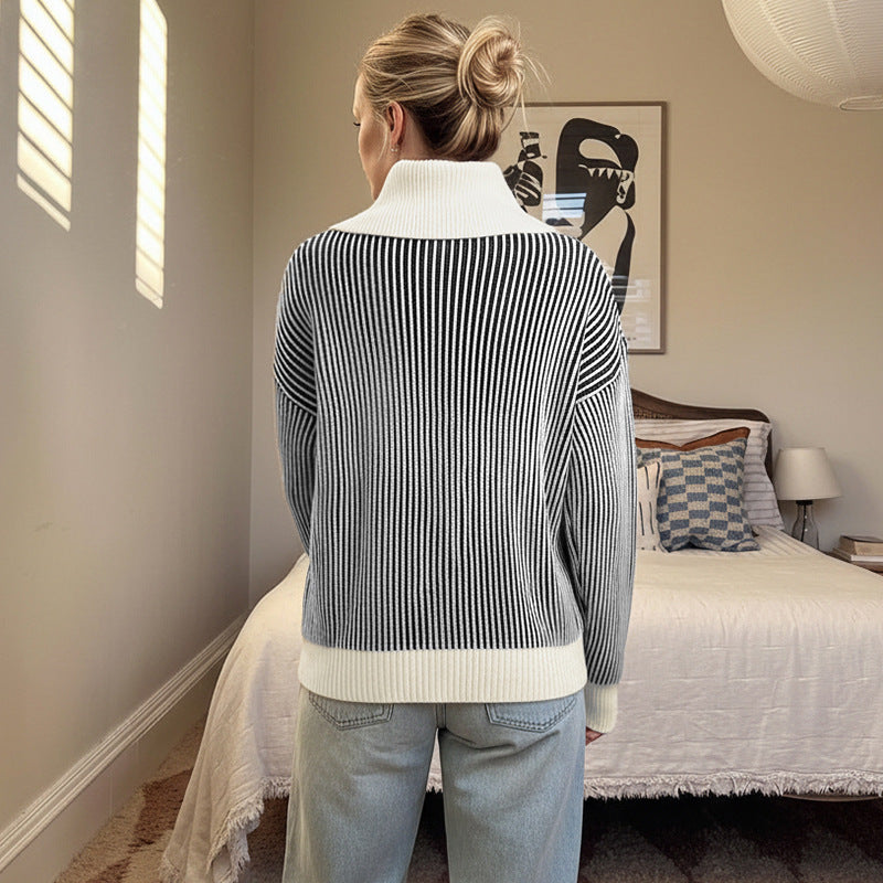 Women's Striped Knit Sweater with Oversized Contrast Collar Mune Fashion