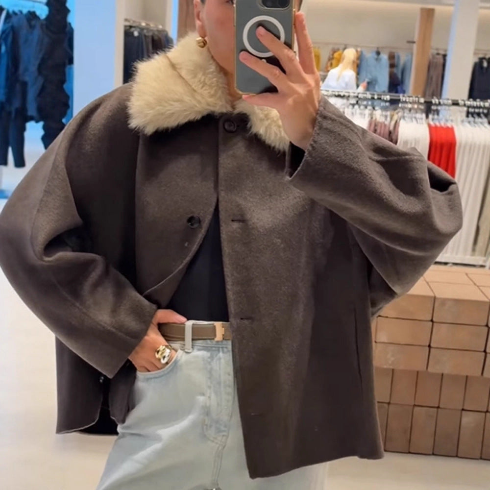 Women's Boxy-Cropped Wool Blend Jacket with Soft Faux Fur Shawl Collar Mune Fashion
