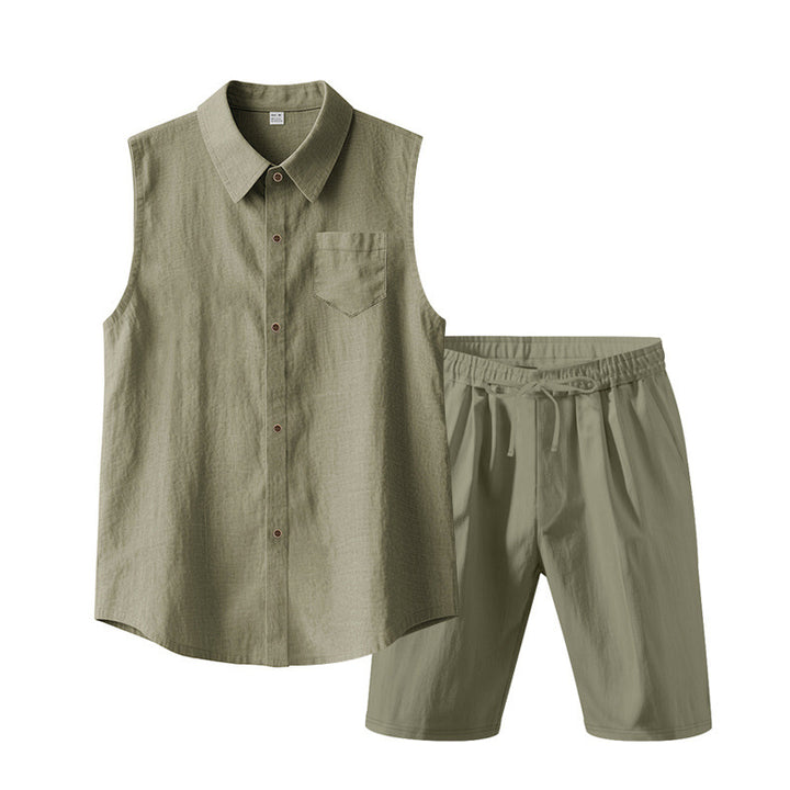 Men's sleeveless shirt and shorts set made of cotton-linen with kent collar and elastic drawstring waistband Mune Fashion