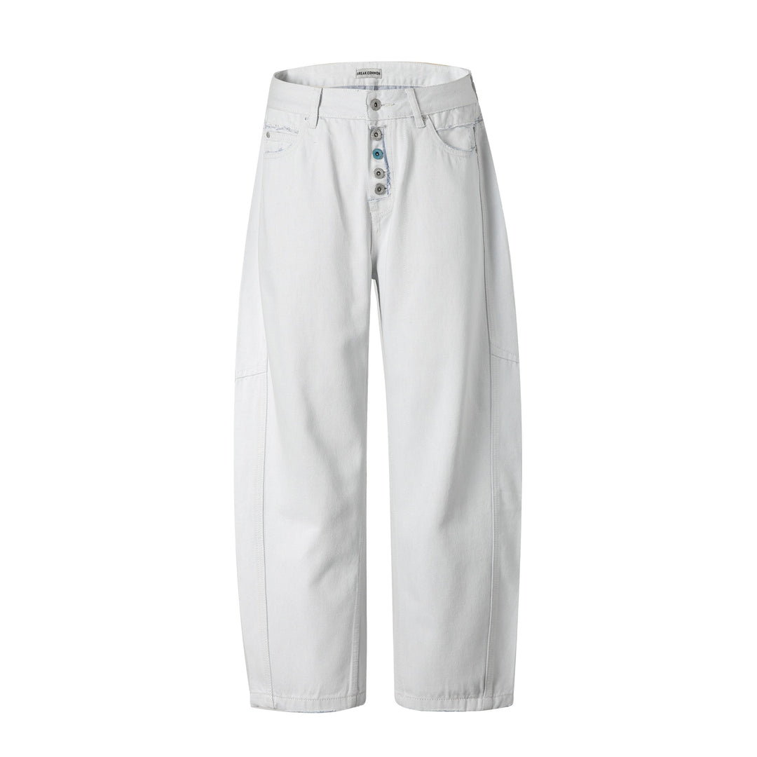 Women High-Waisted Relaxed-Fit Jeans with Visible Button Placket and Cargo Side Seams Mune Fashion