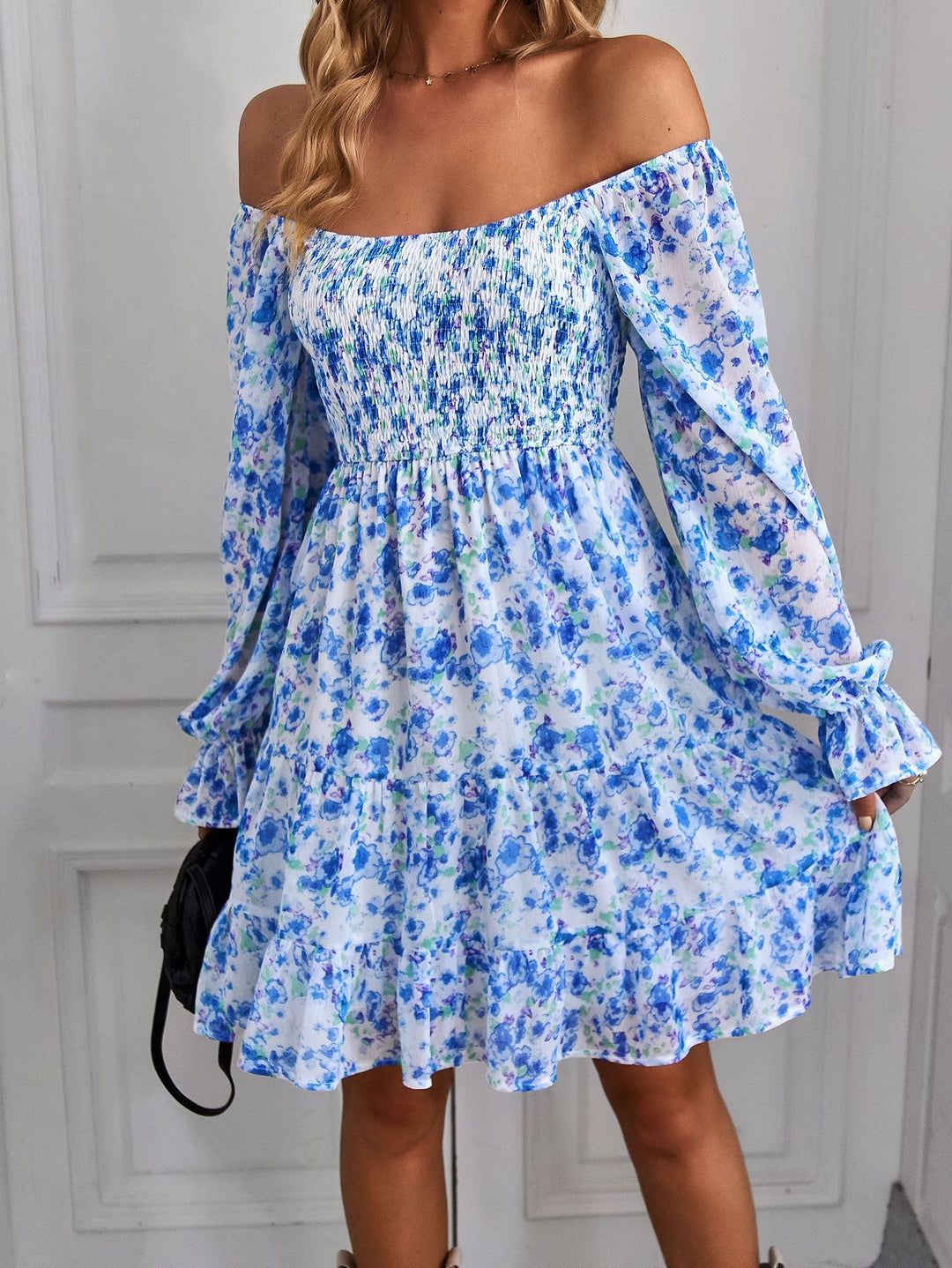 Women's Carmen Ruffle Dress with Smocked Top, Long Balloon Sleeves, Tiered Skirt, and Side Pockets Mune Fashion