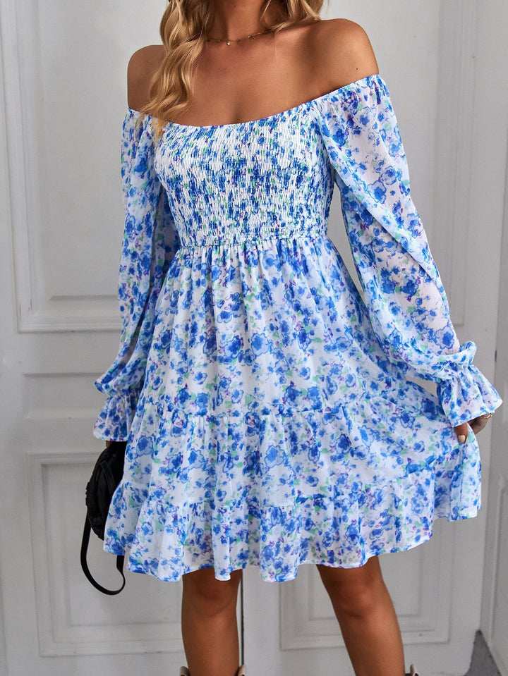 Women's Carmen Ruffle Dress with Smocked Top, Long Balloon Sleeves, Tiered Skirt, and Side Pockets Mune Fashion
