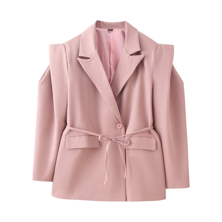 Women's fitted blazer with tie belt, lapel collar and shoulder pads Mune Fashion