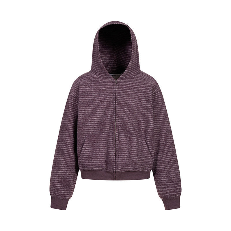 Women's short-cut hooded zip jacket with horizontal stripe relief and elastic waistband Mune Fashion