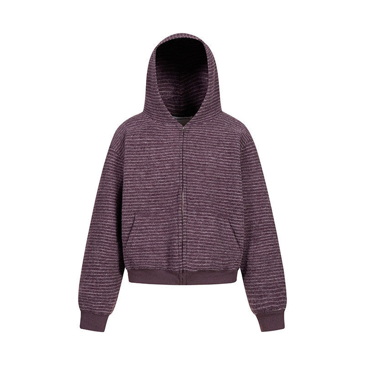 Women's short-cut hooded zip jacket with horizontal stripe relief and elastic waistband Mune Fashion
