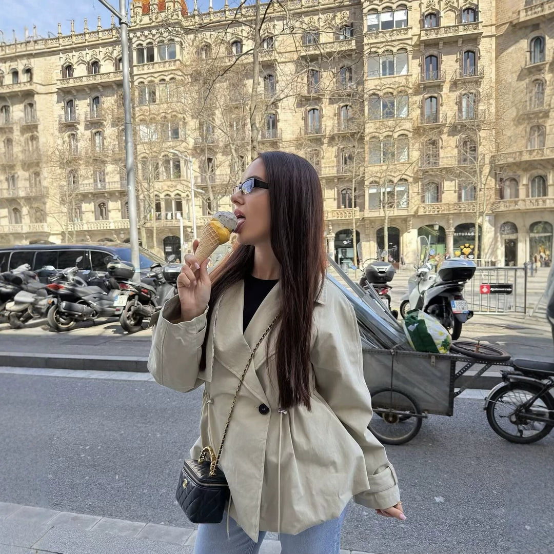 Women Cropped Trench Coat in Boxy Cut with Drawstring Waist and Oversized Cuffs Mune Fashion