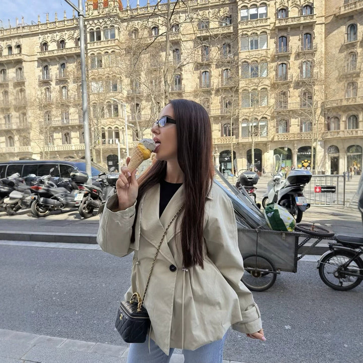 Women Cropped Trench Coat in Boxy Cut with Drawstring Waist and Oversized Cuffs Mune Fashion