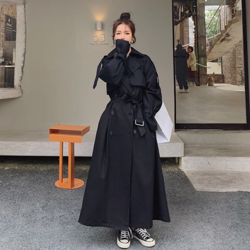 Women's Long Double-Breasted Trench Coat with Waist Belt, Storm Flap, and Wide Oversized Cut Mune Fashion