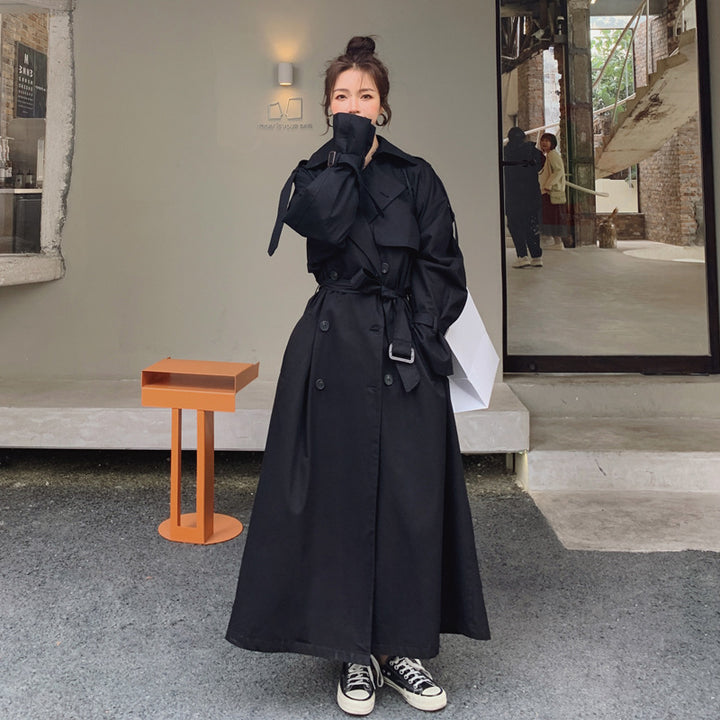 Women's Long Double-Breasted Trench Coat with Waist Belt, Storm Flap, and Wide Oversized Cut Mune Fashion