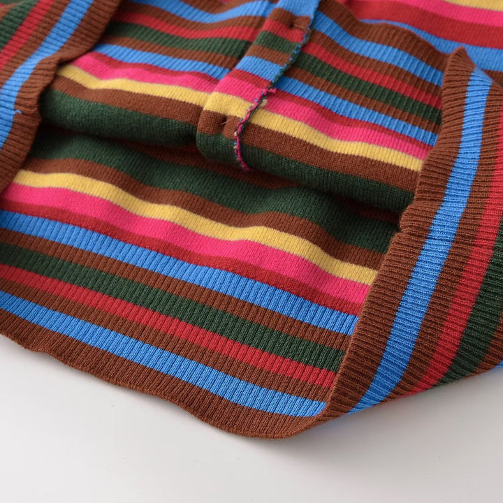 Women's finely knitted round neck cardigan with colorful stripes and mother-of-pearl buttons Mune Fashion