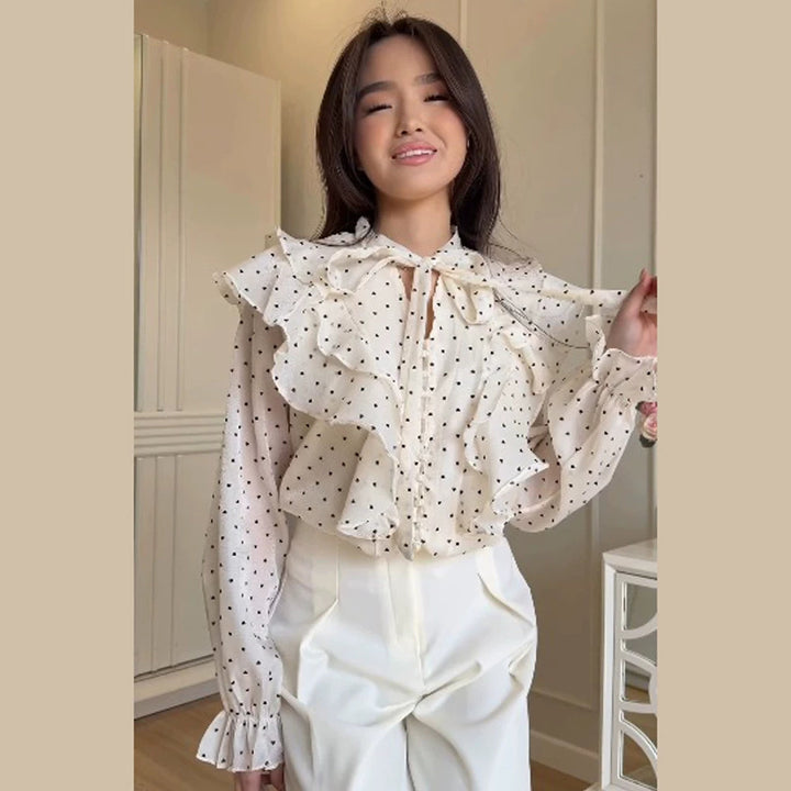 Women Ruffle Blouse with Bow Collar and Polka Dot Pattern Mune Fashion