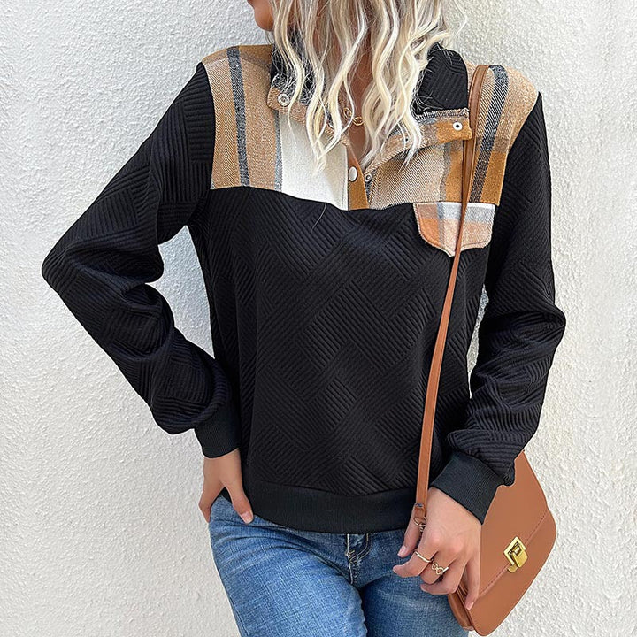 Women Quilted Sweatshirt with Check Pattern Trim, Stand-Up Collar and Snap Button Placket Mune Fashion