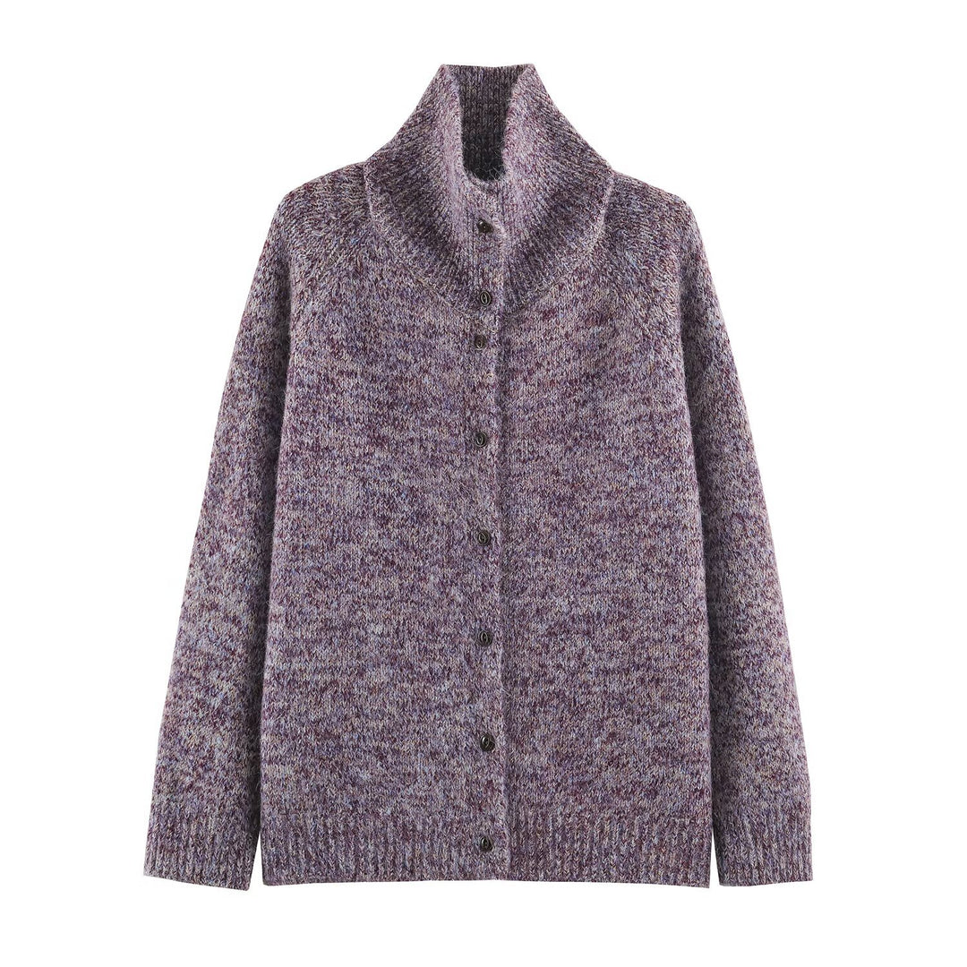 Women's Chunky Knit Cardigan with High Roll Neck and Continuous Button Placket Mune Fashion