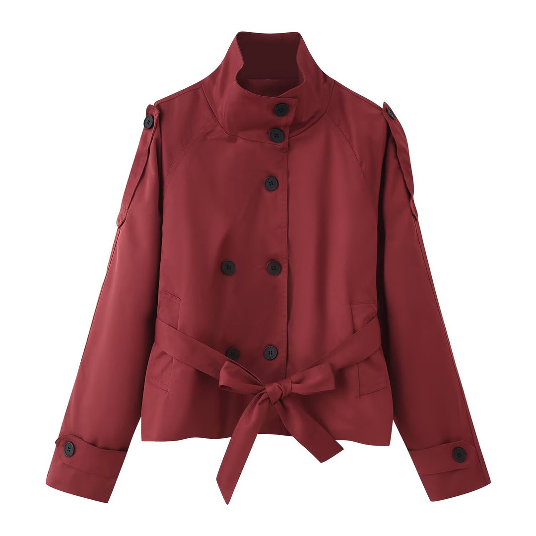 Women's 400+ short fitted trench jacket with stand-up collar, double-breasted button placket and belt Mune Fashion