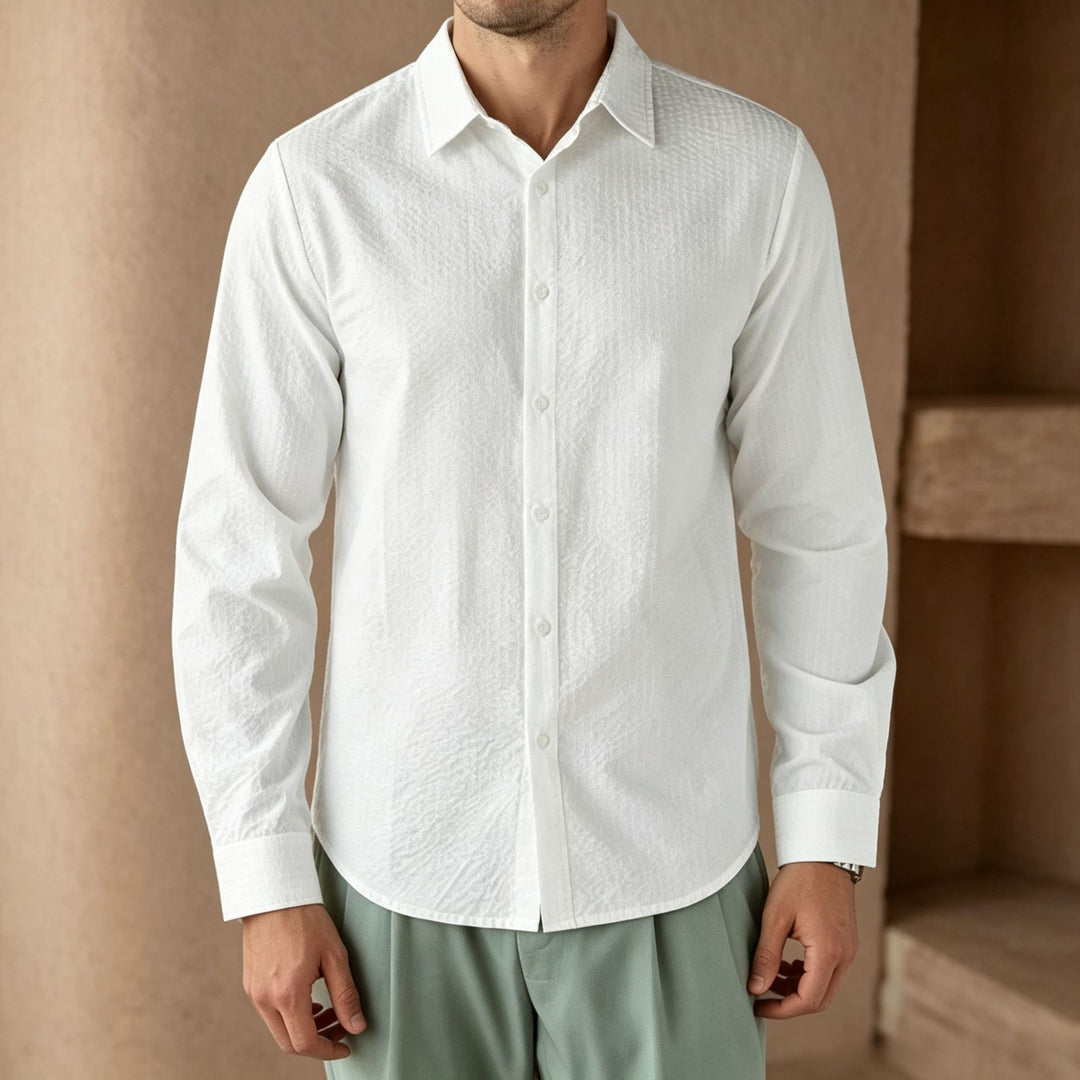 Men's Structured Cotton-Linen Shirt with Kent Collar and Rounded Hem Mune Fashion