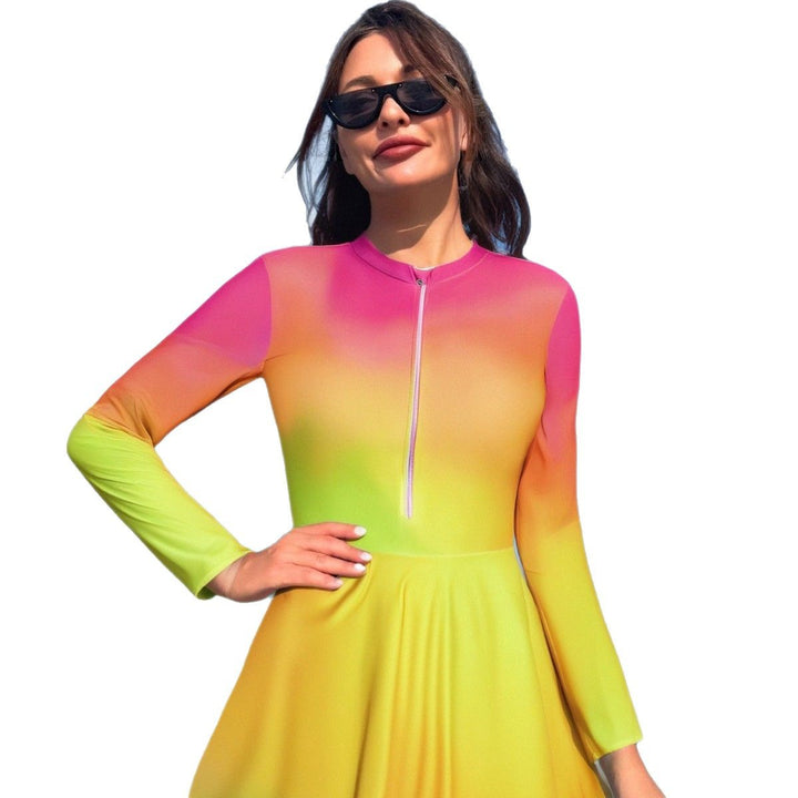 Ladies Sporty Long Sleeve Swimsuit with Flared Skirt Mune Fashion