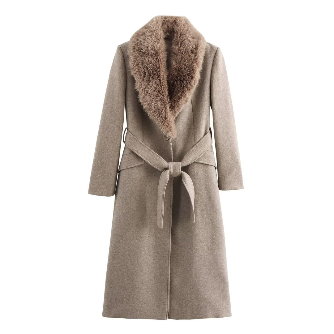 Women's wool coat with removable faux fur shawl collar and belted waist Mune Fashion