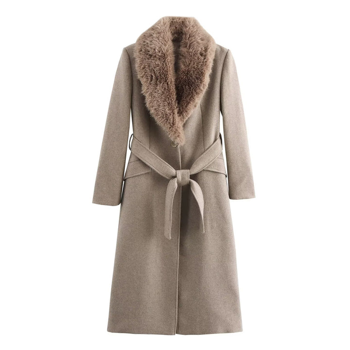 Women's wool coat with removable faux fur shawl collar and belted waist Mune Fashion