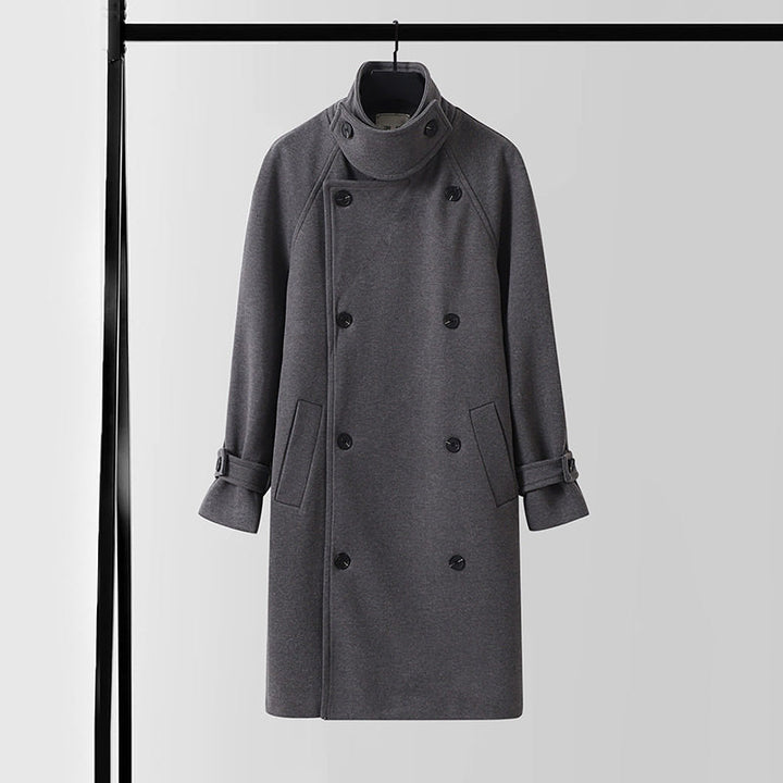 Men's Elegant Coat in Longcoat Style made of Wool Blend with Double-Breasted, Fitted Tie Belt and Decorative Shoulder Yoke Mune Fashion