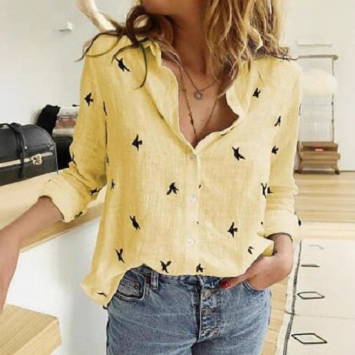 Women's breathable cotton-linen tunic blouse with Kent collar, buttoned V-neck and rounded hem Drune