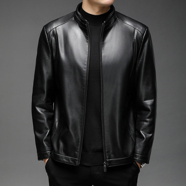 Men's Minimalistic Leather Look Transitional Jacket with Stand Collar and Two-Way Zipper Mune Fashion