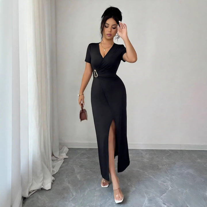 Womens bodycon wrap midi dress with V-neck, waist ring and high thigh slit Mune Fashion