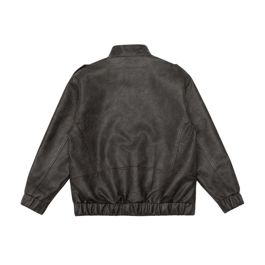 Men's leather bomber jacket with funnel collar and shoulder epaulettes Mune Fashion