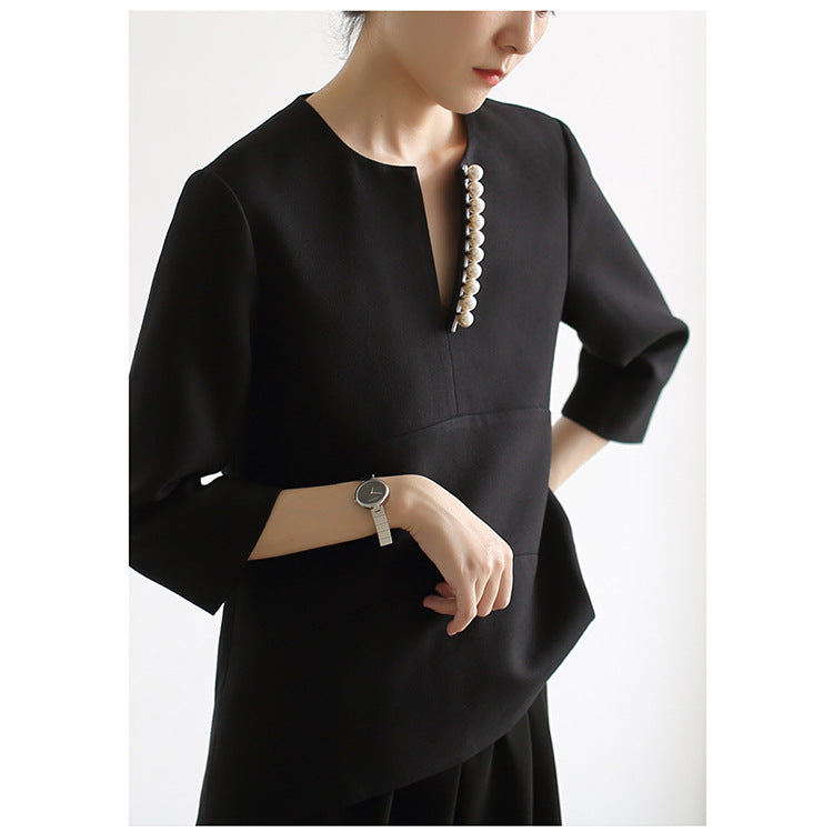 Ladies Tunic Top with Pearl Decoration V-Neck and 3-4 Sleeves Mune Fashion