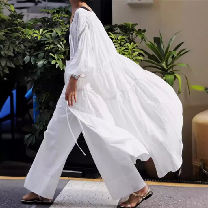 Women’s Longer Layered Duster with Volume Sleeves, Drawstring and Side Slits Mune Fashion