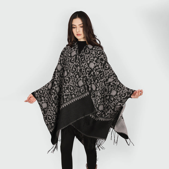 Women's Jacquard Ruana with ornamental border pattern and fringe hem Mune Fashion