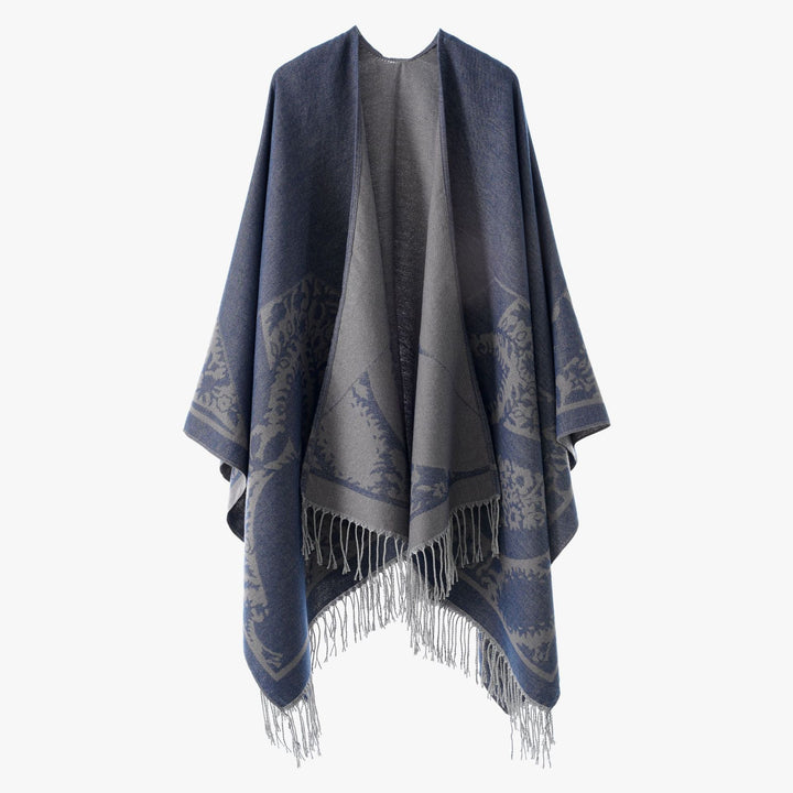 Women's Reversible Fine Knit Poncho with Jacquard Pattern and Fringed Hem Mune Fashion