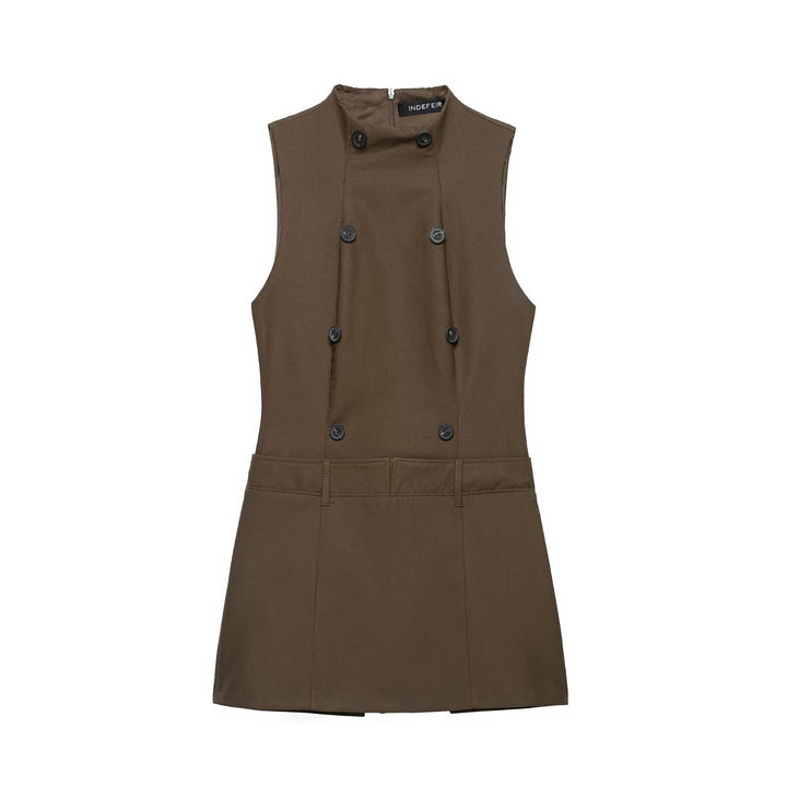 Women’s Sleeveless Pinafore Dress with Double-Breasted Button Placket and Tailored Fit Mune Fashion