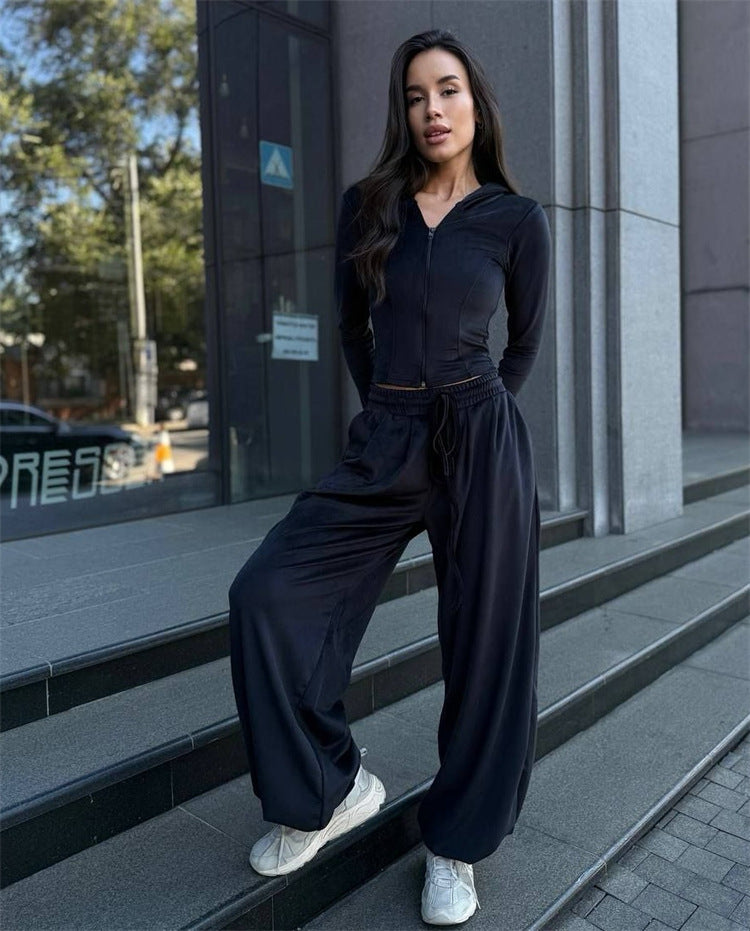 Women's Lounge Set with tailored hooded jacket and extra wide palazzo jogging pants Mune Fashion