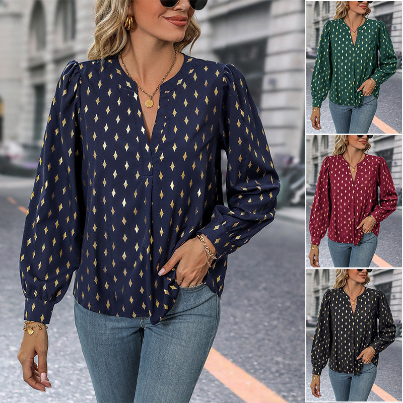 Women's loosely falling viscose fine blouse with stand-up collar, V-neck and balloon sleeves Mune Fashion