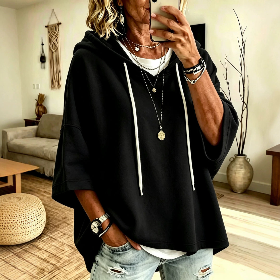 Women's Short Sleeve Oversized Hoodie with Hood and Contrast Drawstring Mune Fashion
