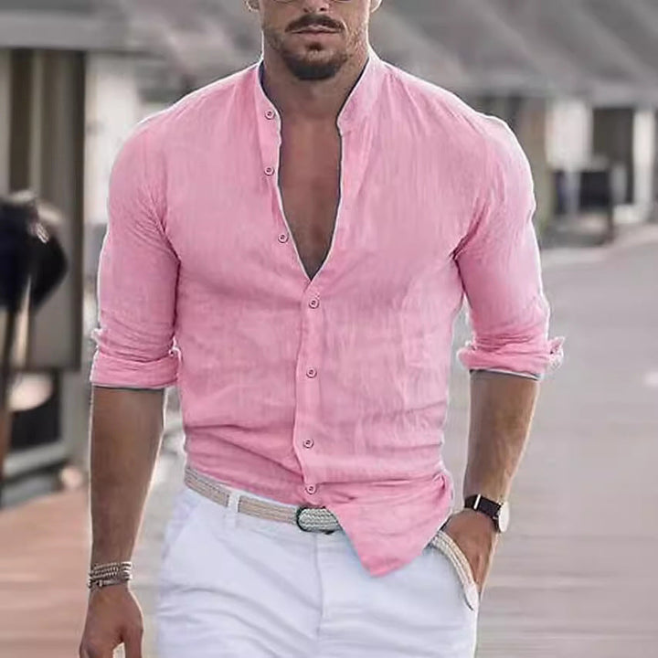 Men's Casual Linen Shirt with Modern Stand-Up Collar and Roll-Up Sleeves Mune Fashion