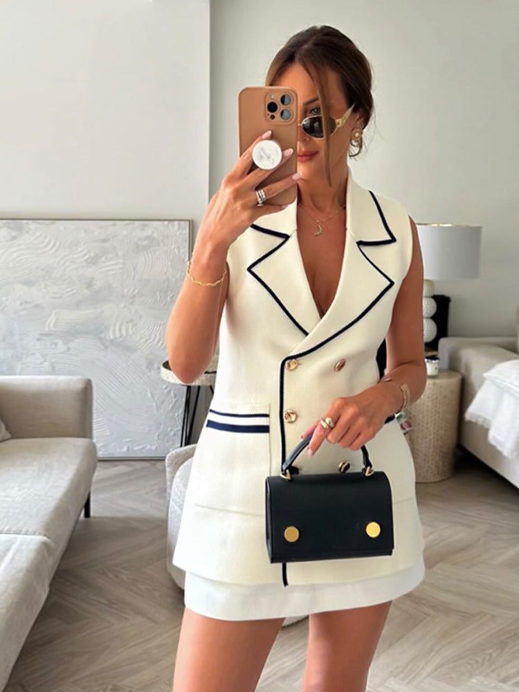 Women's Double-breasted Blazer Mini Dress with Contrast Piping Mune Fashion