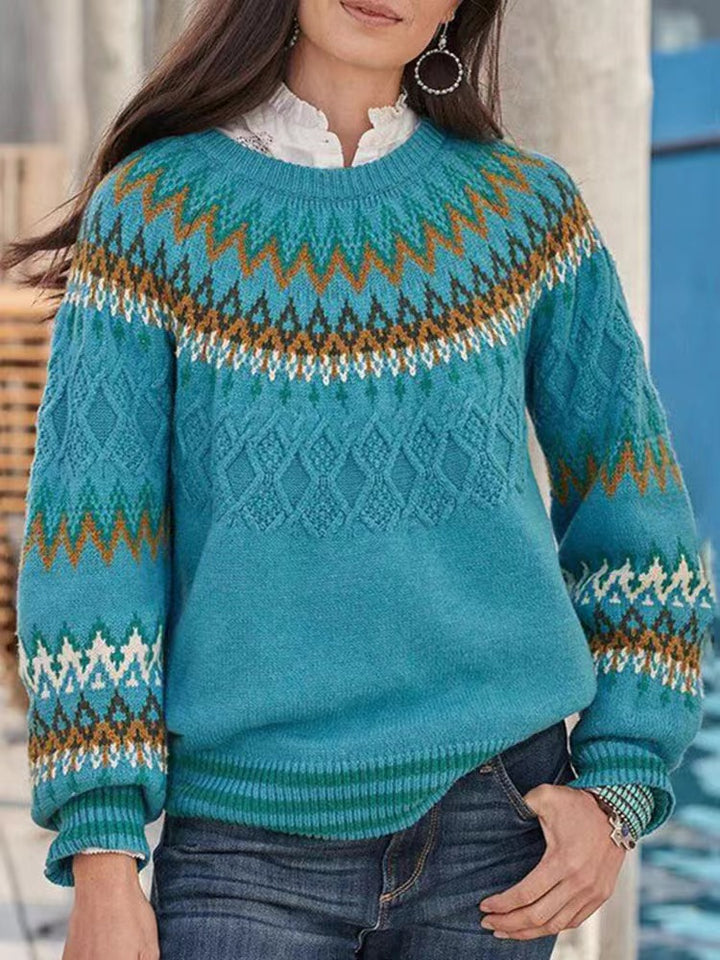 Women's Norwegian sweater made of wool blend with round neck and traditional Fair Isle yoke Mune Fashion