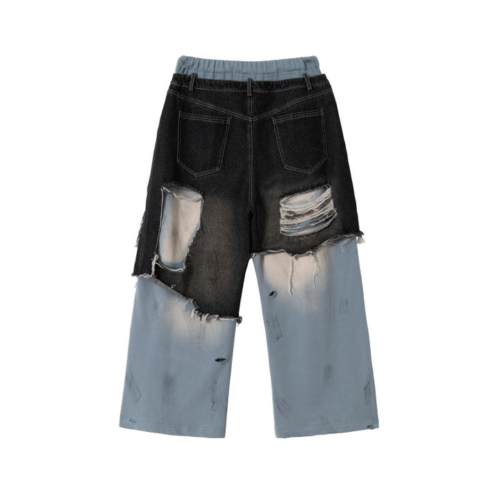 Unisex Patchwork Jeans Hybrid Pants in Oversized Cut with elastic waistband, destroy effects, and wide leg Mune Fashion
