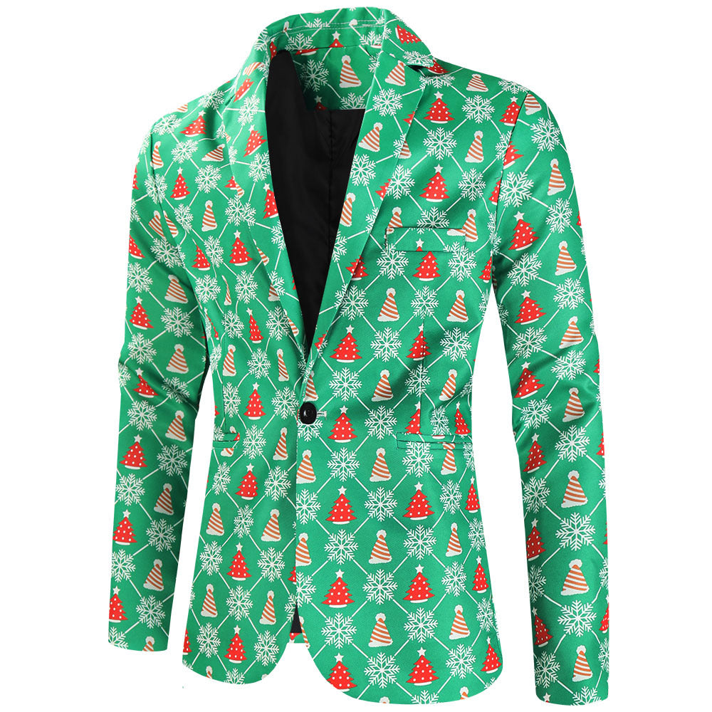 Men's Three-Piece Festive Suit Set with Christmas Print and Tailored Blazer Mune Fashion