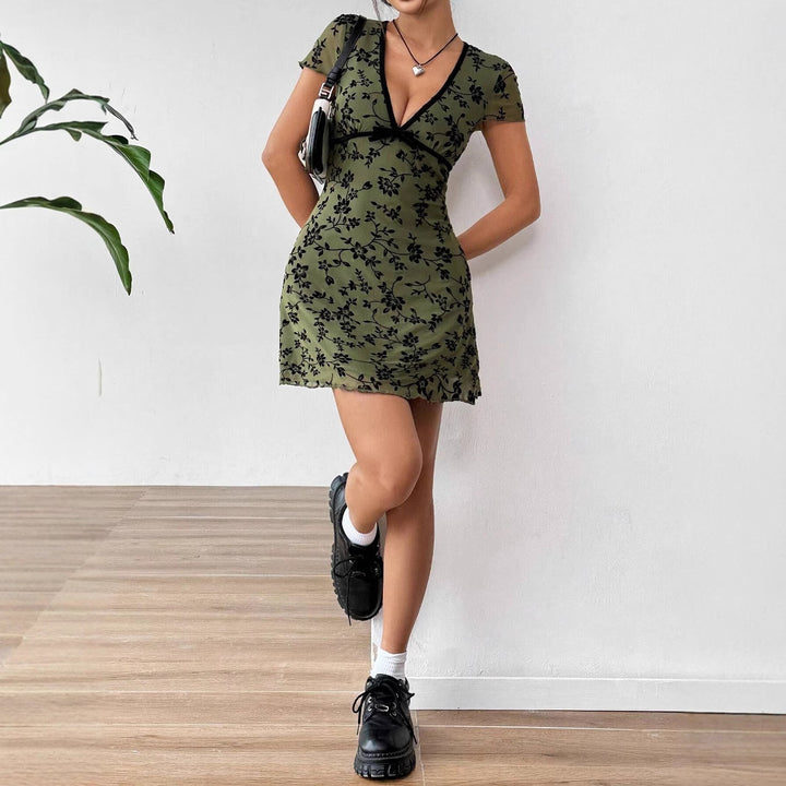 Women’s bodycon mini dress with deep V-neck, chiffon overlay and floral velvet look Mune Fashion