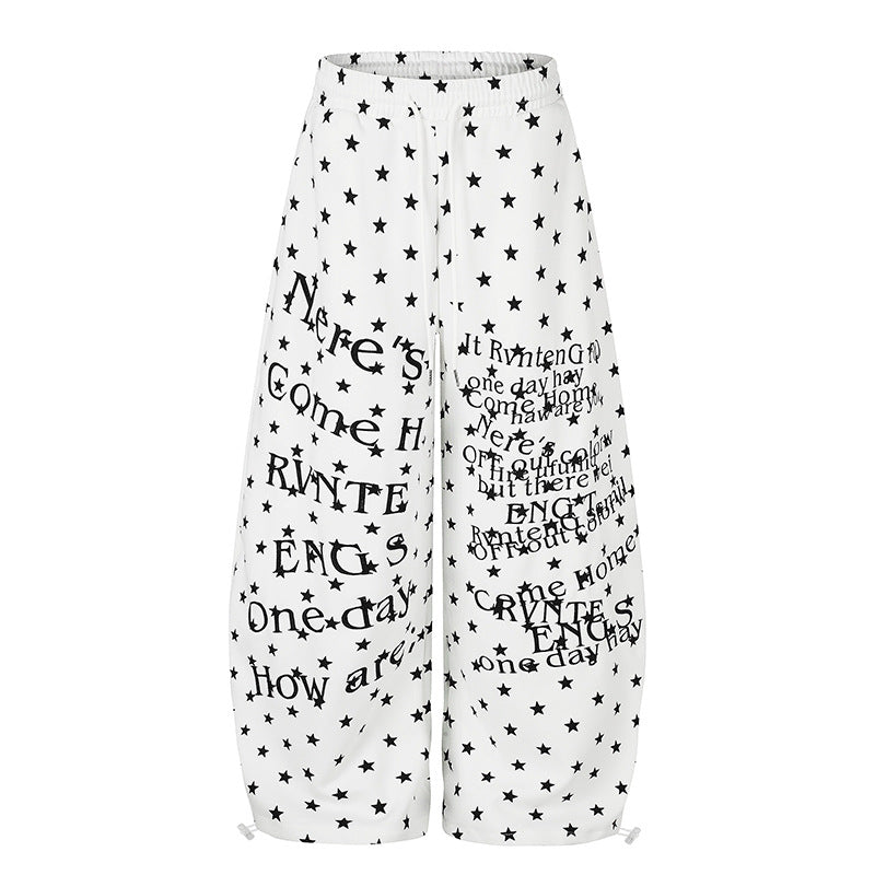 Women's Wide Palazzo Lounge Pants with Allover Stars, Drawstring Waistband and Typographic Print Mune Fashion