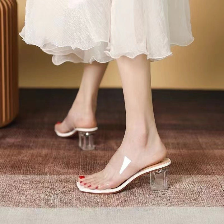 Women Minimalistic Double Strap Mules with Transparent Upper Material and Geometric Block Heel Mune Fashion