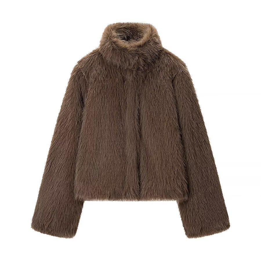 Women's Short Faux Fur Jacket with High Stand Collar and Oversized Silhouette Mune Fashion