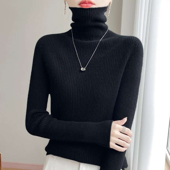 Women Slim Ribbed Knit Turtleneck Sweater with Ruffled Neck and Cashmere-like Feel Mune Fashion