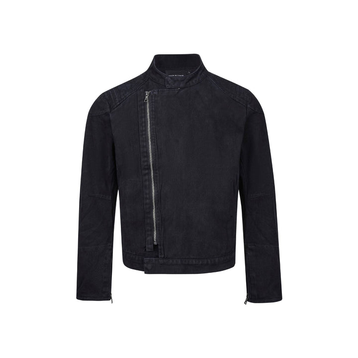 Men's short-cut asymmetric canvas biker jacket with funnel collar and zipper detail Mune Fashion