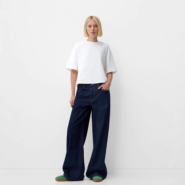 Women's ultra-wide floor-length denim palazzo pants with clean pocket cut and light stretch effect Mune Fashion