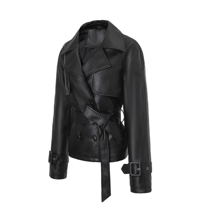Women's Elegant Faux Leather Jacket with Belt Mune Fashion